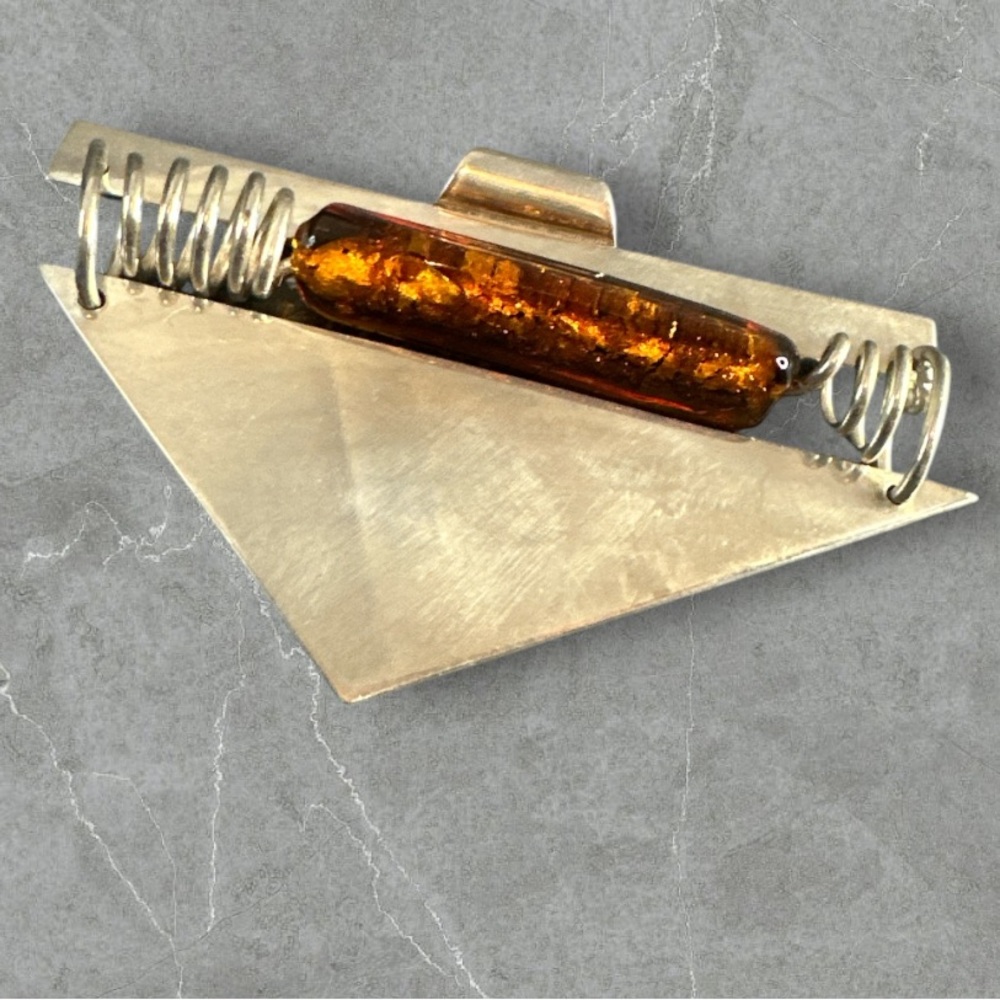 Artisan crafted amber glass and sterling silver asymmetrical statement pendant